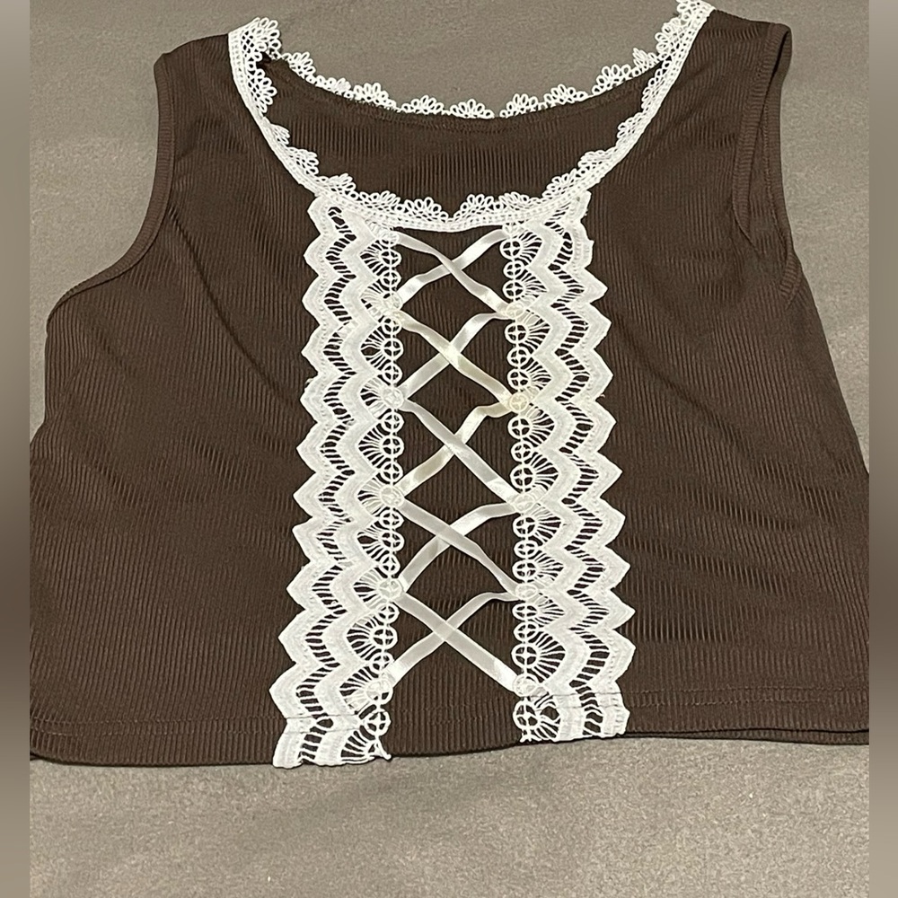 ROMWE Brown Lace-Up Crop Top with White Accents